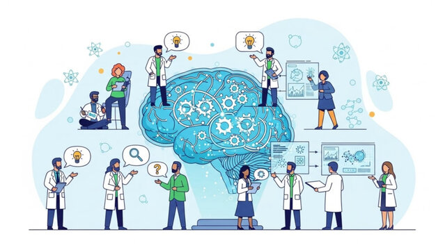 Scientists collaborating on brain research analyzing data and ideas with gears and lightbulbs concept for neuroscience and innovation