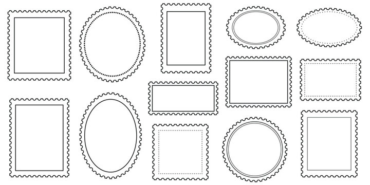 Minimalist line art postage stamp frames, vector elegant postmark clip art collection