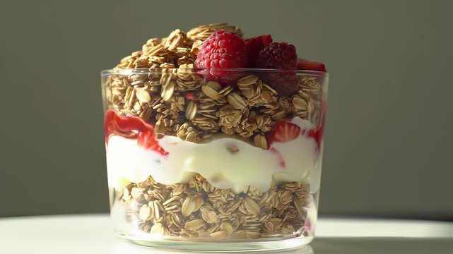 Delicious layered parfait with granola, yogurt, and fresh berries for breakfast.