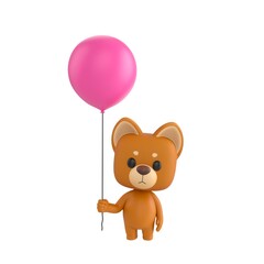 Cute 3D render Little Dog character holding a balloon, playful and cheerful mascot style, isolated on white background for celebration, party, and digital design.