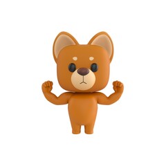 Obraz premium Cute 3D render Little Dog character flexing muscles to show strength, confident and powerful mascot style, isolated on white background.