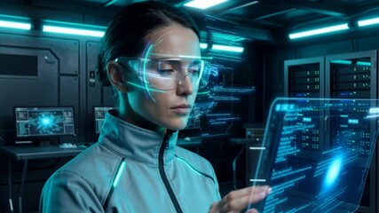 Female IT specialist analyzing data with holographic glasses in a server room, augmented reality and cybersecurity concept for futuristic cloud computing and technology - Powered by Adobe