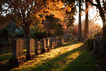 Obraz premium Golden hour graveyard landscape: weathered stones, green grass, and autumn colors