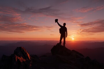 Golden Hour Summit Scene: Silhouette of Hiker with Raised Cap