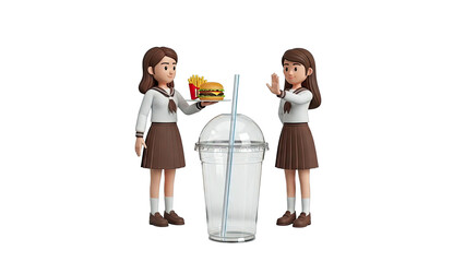 3D Cartoon Girls in School Uniforms with Fast Food and Empty Cup