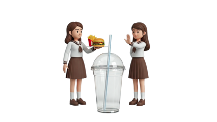 3D Cartoon Girls in School Uniforms with Fast Food and Empty Cup