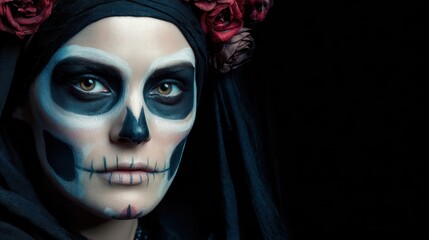 Gothic skull face paint on a woman, eerie Halloween portrait with red floral accents and velvet cloak