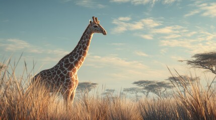 Graceful giraffe against a bright azure sky over golden grasses
