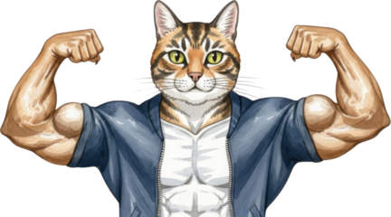 Muscular cat flexing muscles with confidence isolated on transparent background