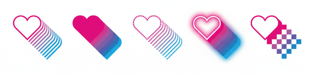 A series of five heart shapes progressively deconstructing into abstract patterns of pink and blue gradients and pixelation high-quality on a white background.