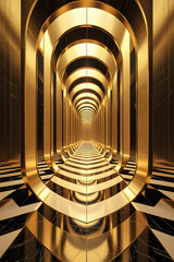 Golden Archway Corridor with Reflective Surfaces and Chessboard Floor