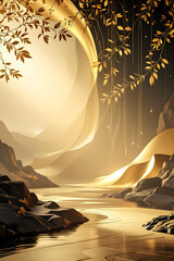 Golden landscape with flowing river and rocky mountains