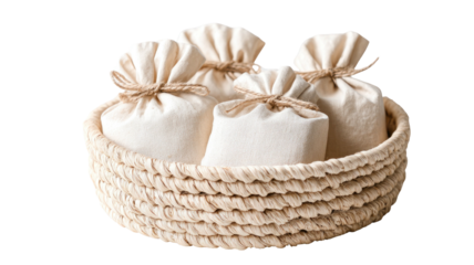 Woven basket filled with four cloth pouches tied with twine