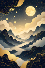 Golden Moonlit Mountain Landscape with Swirling Clouds