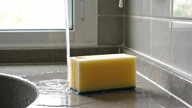 A yellow sponge absorbing water on a kitchen countertop with sunlight filtering through a nearby window creating a serene atmosphere