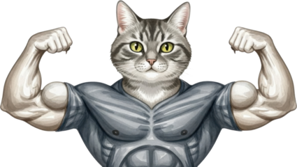 Strong cat flexing muscles in grey shirt isolated on transparent background