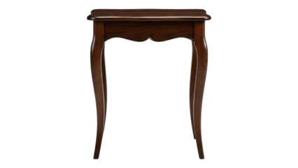 Elegant wooden console table with dark brown finish and curved legs, perfect for interior design and home decor, isolated on transparent background. on transparent background
