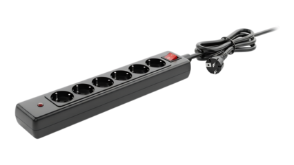 black power strip with six outlets and corded plug, perfect for home or office use on transparent background