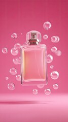 Pink Perfume Bottle with Bubbles in a Beautiful Setting.
