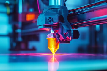 Close-up of a 3D printer nozzle creating a glowing orange object, illuminated by vibrant blue and pink lights