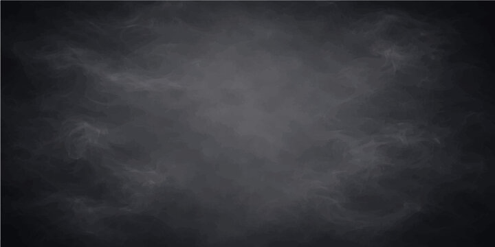 Dark grunge texture and black misty smoke clouds create a stormy night sky backdrop with a faint light explosion through the fog on a weathered chalkboard paper design