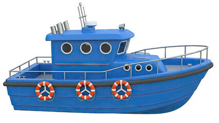 Blue Motor Yacht with Lifebuoys