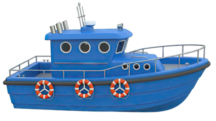 Blue Motor Yacht with Lifebuoys