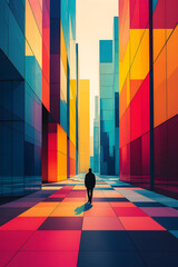Lone Figure Walking Through Colorful Abstract Cityscape