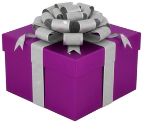 Purple gift box with silver glitter ribbon and large bow on transparent background