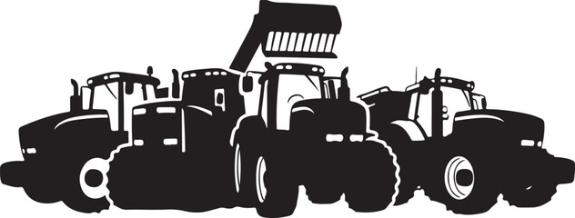 Obraz premium Black Silhouette of Tractors and Heavy Machinery Vehicles