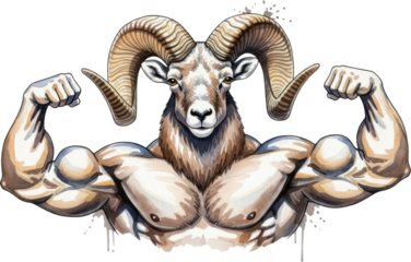 Strong ram with muscular body and big horns flexing muscles isolated on transparent background