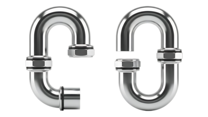 Highly reflective silver metal p-trap plumbing pipe fittings with slip nuts on transparent background