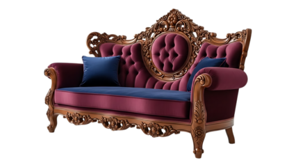 Ornate luxury burgundy sofa with intricate wooden carvings and plush blue cushions, perfect for elegant living room decor, isolated on transparent background. on transparent background