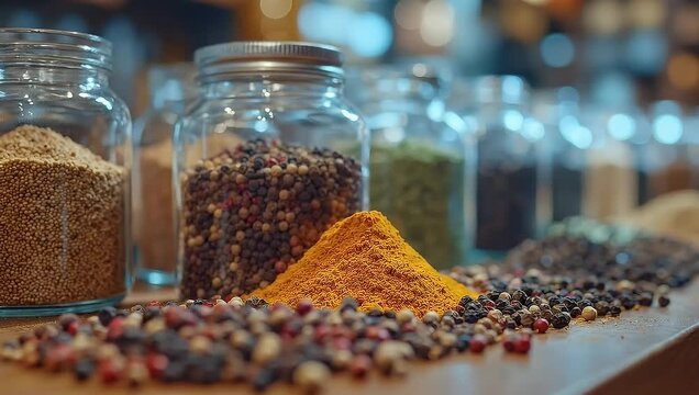 Close-up of various spices in jars on a wooden surface for cooking.