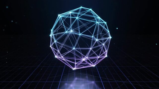 Abstract digital hologram of a geometric polyhedron with illuminated connections and rotating rings in a futuristic space setting