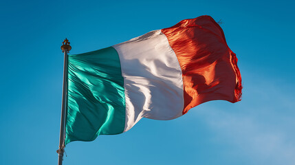 Italy – Italian National Flag Waving in the Wind Against Clear Blue Sky, Symbol of Unity, Patriotism and National Identity