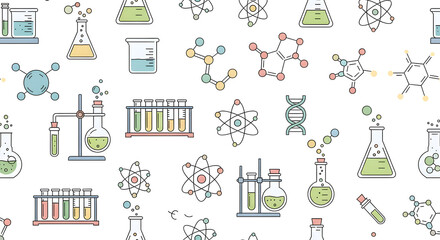 A seamless pattern featuring various scientific and chemical elements, including laboratory glassware, molecular structures, and atomic models, on a white background.