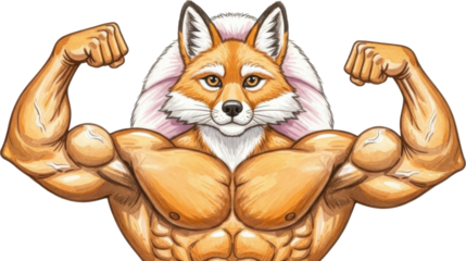 Muscular fox character showing off muscles isolated on transparent background