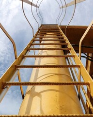 Industrial metal ladder with safety cage viewed from below against blue sky © L'Graph