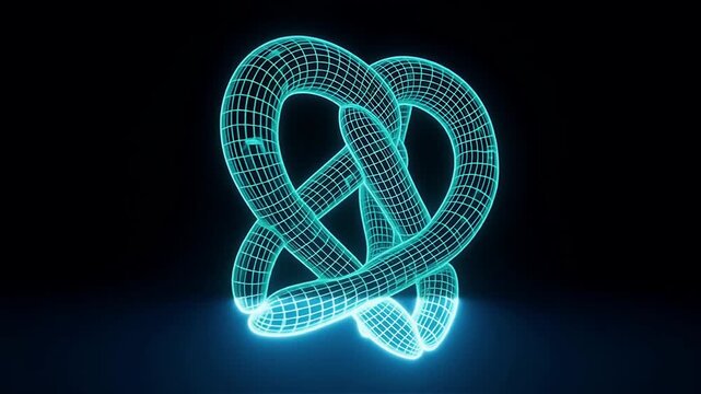 Abstract glowing digital knot structure with reflective surface against dark background, conveying a sense of innovation and technology