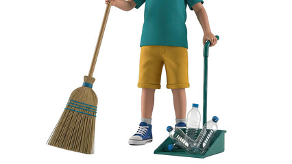 Child cleaning up plastic bottles with broom and dustpan