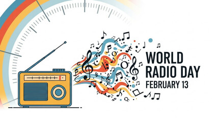 Fototapeta premium World Radio Day illustration with vintage radio and musical notes celebrating broadcast media and communication on February 13