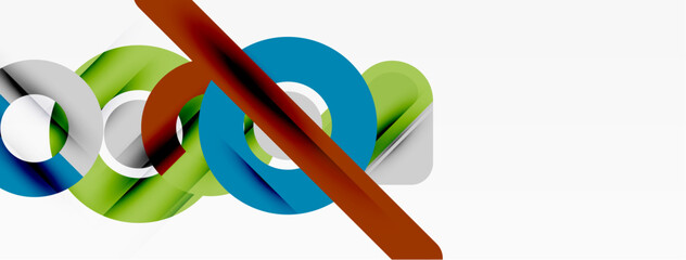 Abstract design features overlapping circles, vibrant colors, diagonal stripe. Modern, clean aesthetic. Simple composition, dynamic shapes.