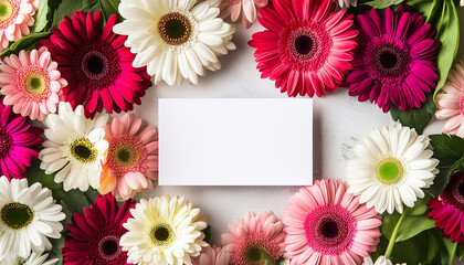 Colorful gerbera daisy and chrysanthemum bouquet with blank greeting card for personalization