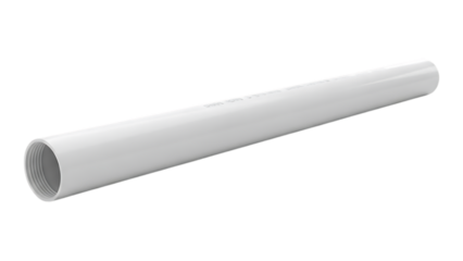 A white pvc pipe with threaded end for plumbing and drainage applications on transparent background