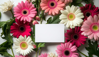 Colorful gerbera daisy and chrysanthemum bouquet with blank greeting card for personalization