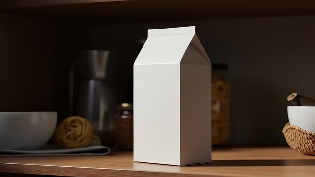 Blank white milk carton stands on a wooden shelf in a kitchen setting.