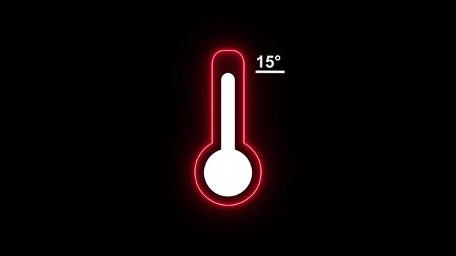 Neon Medical thermometer icon animation. Thats indicates weather temperature 15 degree increse or decline. Thermometer equipment showing hot or cold weather. Alpha channel