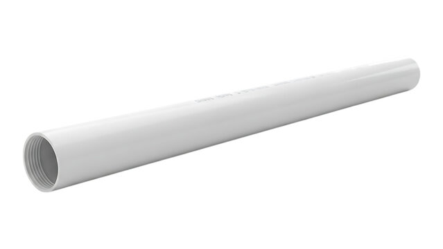 A white pvc pipe with threaded end for plumbing and drainage applications on transparent background