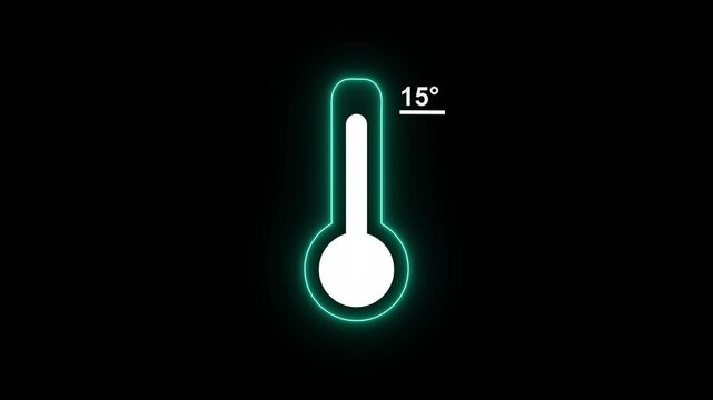 Neon Medical thermometer icon animation. Thats indicates weather temperature 15 degree increse or decline. Thermometer equipment showing hot or cold weather. Alpha channel
